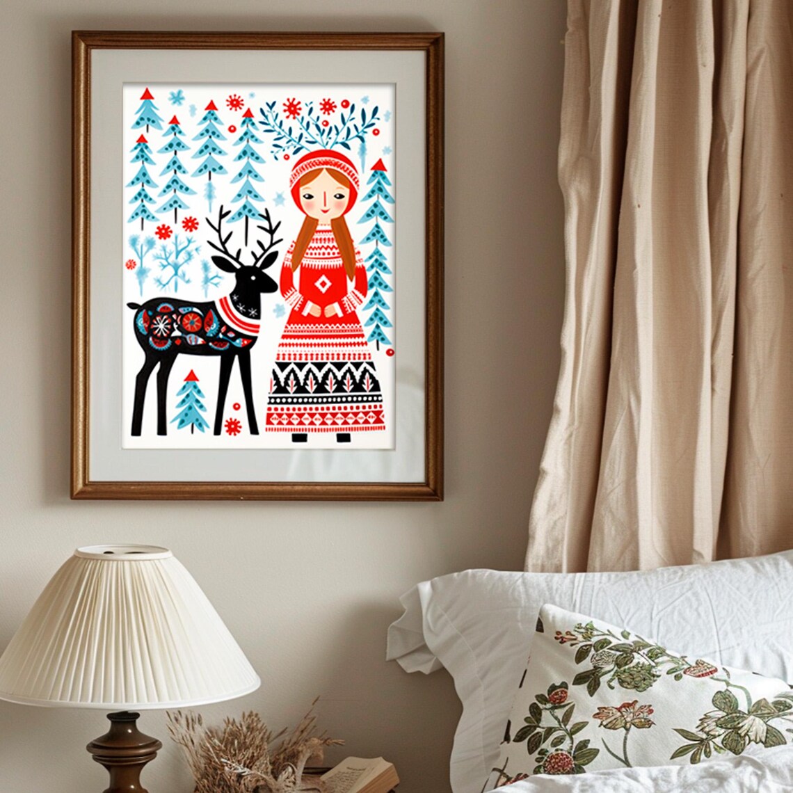 Scandinavian Folk Art Woman With Deer Winter Forest Red Dress Poster - Image 5