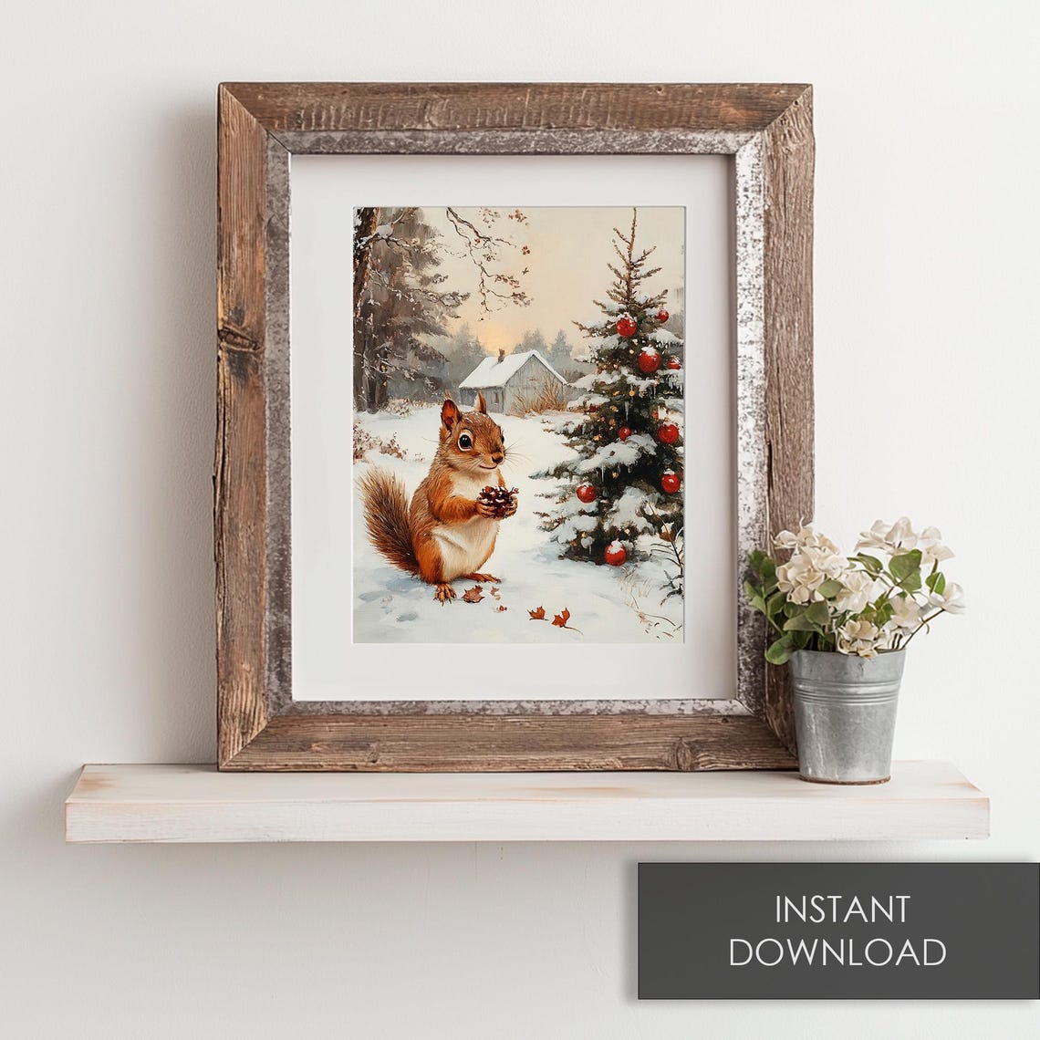 Vintage Christmas Squirrel Holding Pinecone Snowy Forest Scene Poster - Image 6