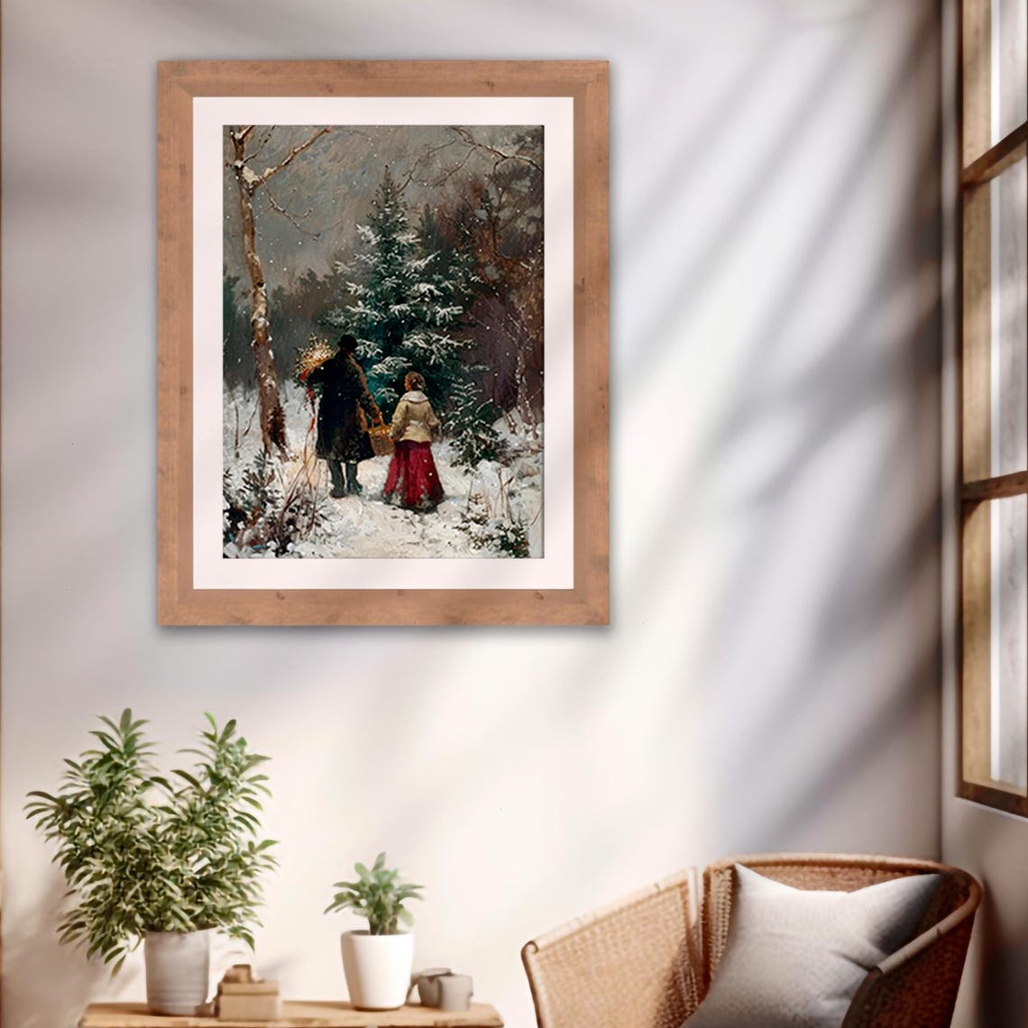 Couple Cutting Christmas Tree In Snowy Vintage Forest Scene Poster - Image 2