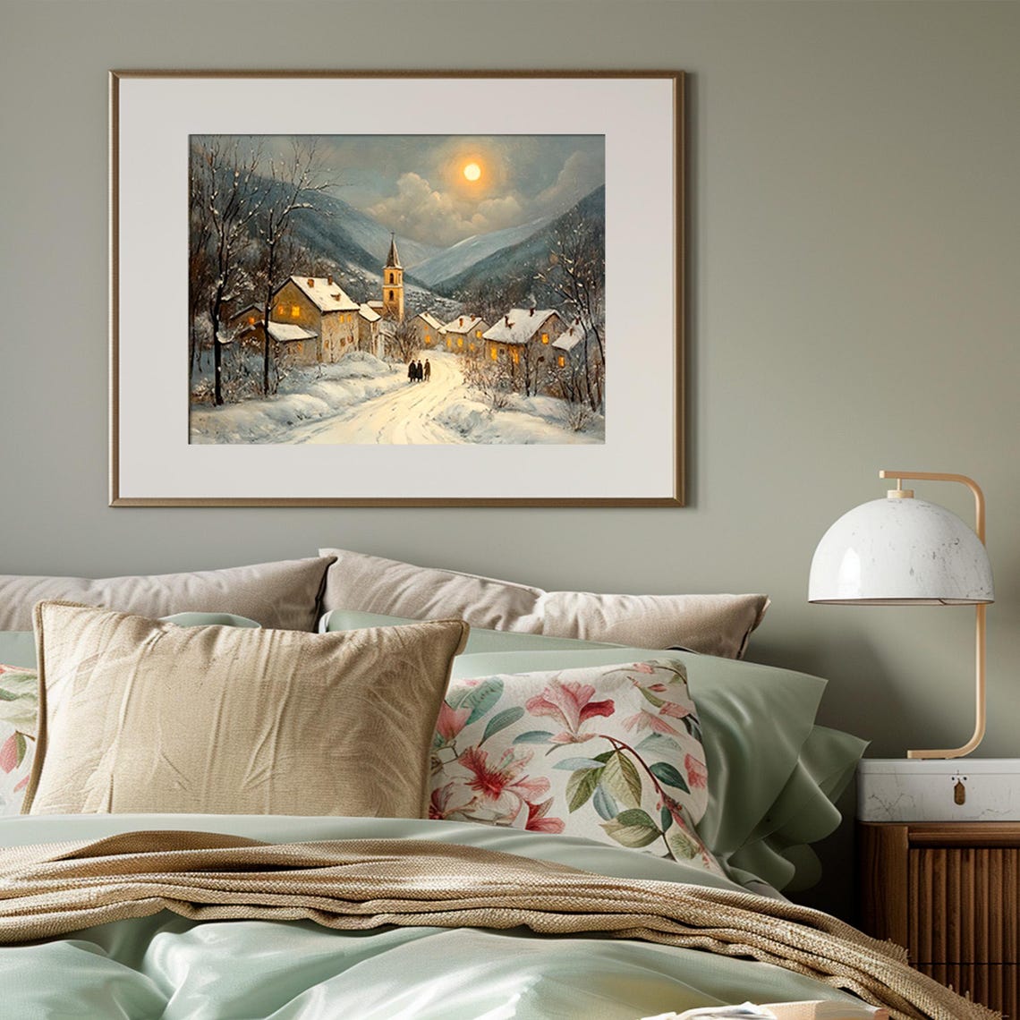 Moonlit Snowy Alpine Village with Glowing Windows Christmas Poster - Image 3