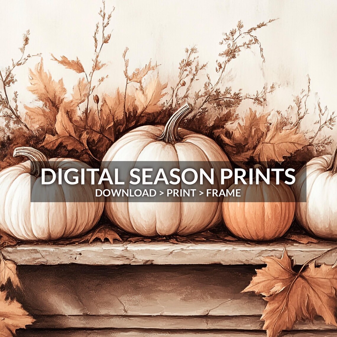 White Pumpkin Patch Fall Mantel Display Autumn Leaves Rustic Decor Poster - Image 6