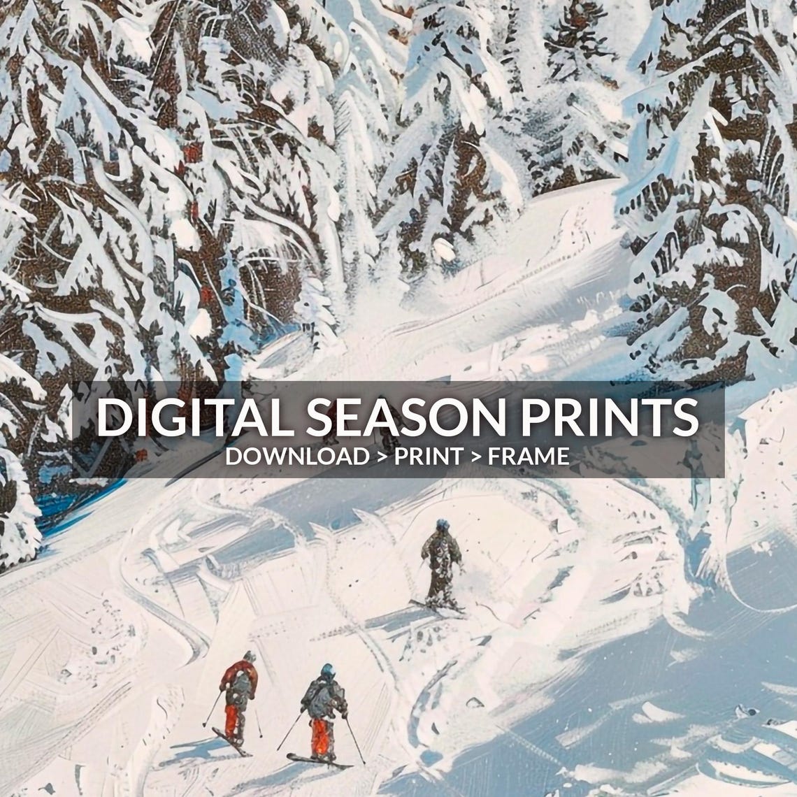 Skiers On Snowy Mountain Slope Among Pine Trees Vintage Style Print - Image 4