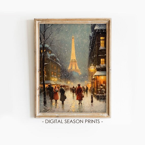 Snowy Paris Street With Glowing Eiffel Tower At Night Vintage Style Poster