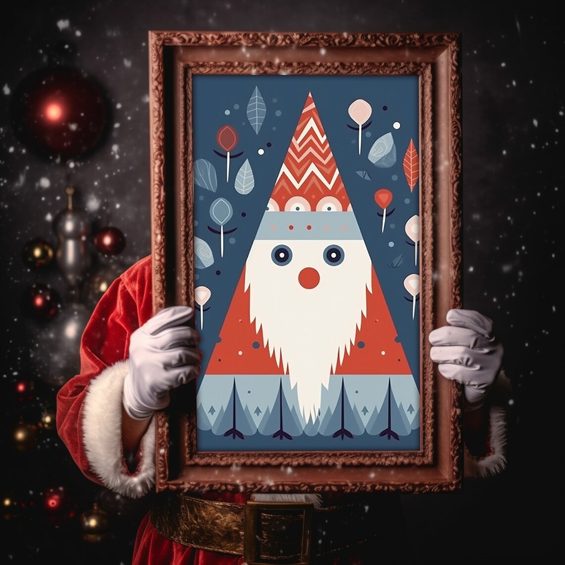 Scandinavian Folk Art Santa Geometric Christmas Nursery Poster - Image 3