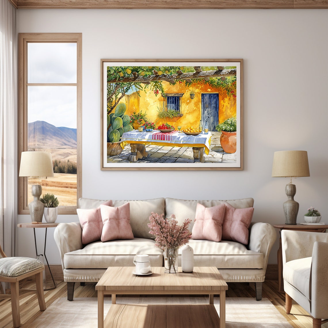 Sunny Mexican Courtyard with Cactus and Fruit Table Watercolor Poster - Image 5