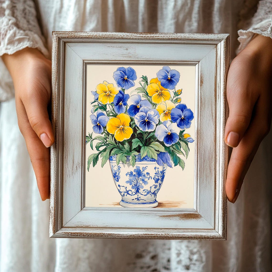 Yellow And Blue Pansies In A Delft Blue Patterned Vase Poster - Image 3