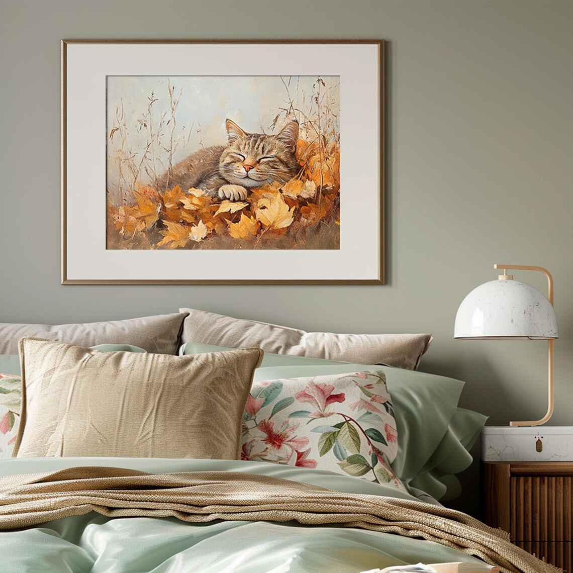 Sleeping Tabby Cat In Autumn Leaves Vintage Oil Painting Print - Image 3