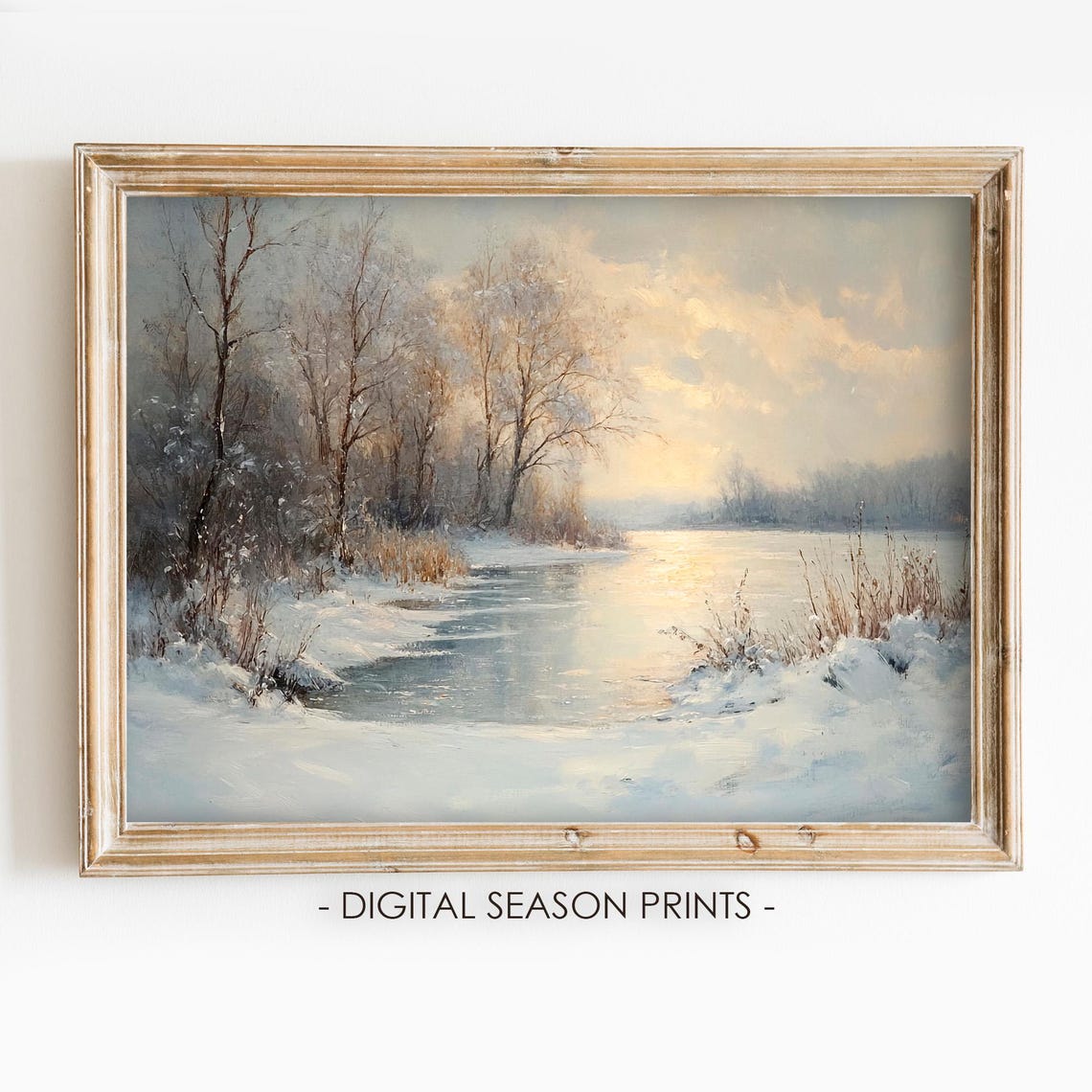 Golden Sunset Over Snowy Forest Pond Winter Landscape Painting Poster