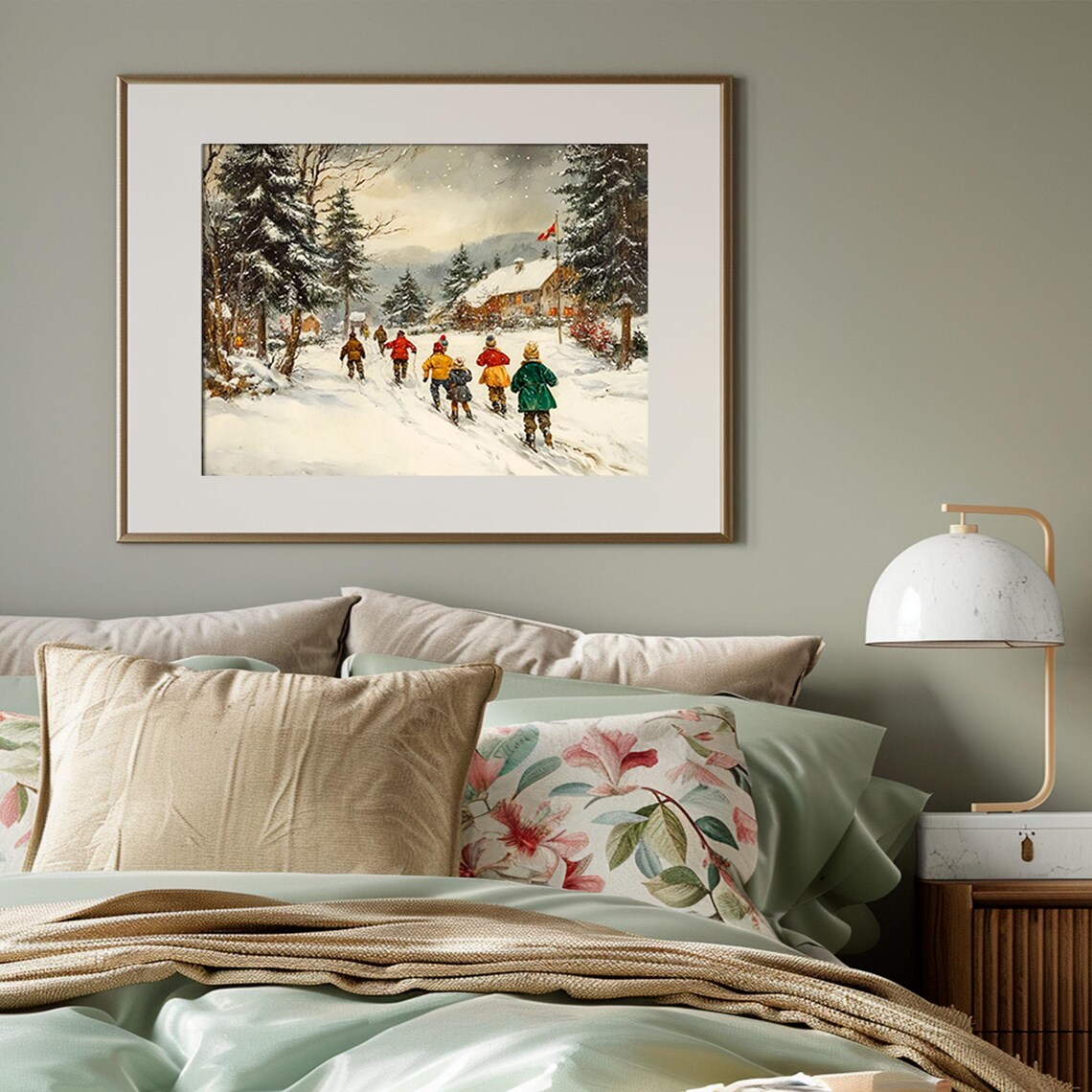 Children Skiing to Mountain Lodge Vintage Winter Scene Poster - Image 3