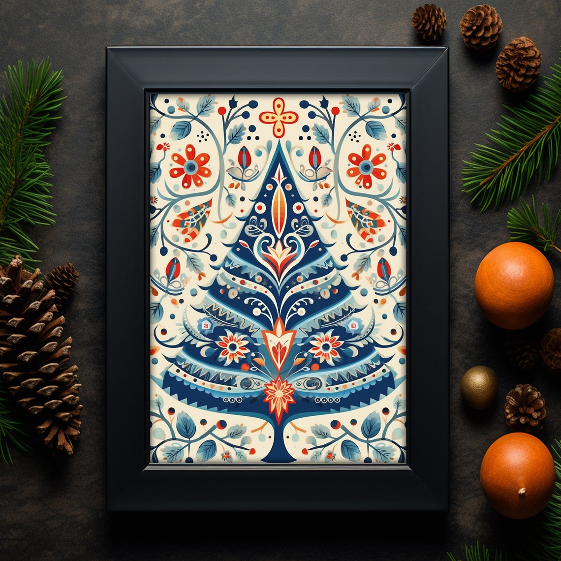 Scandinavian Folk Art Christmas Tree Blue Floral Nordic Style Print - Image 4