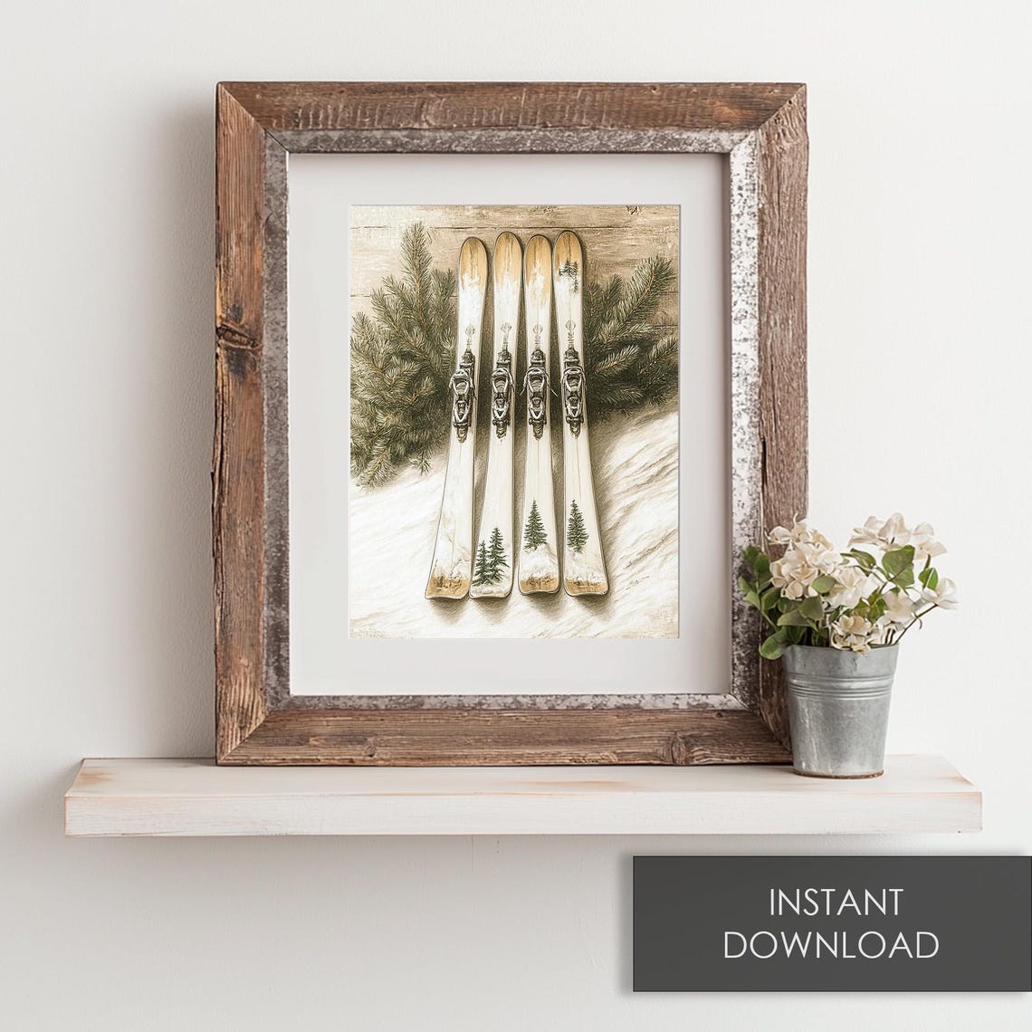 Vintage Skis Pair Pine Branches Rustic Winter Ski Lodge Wall Art - Image 6