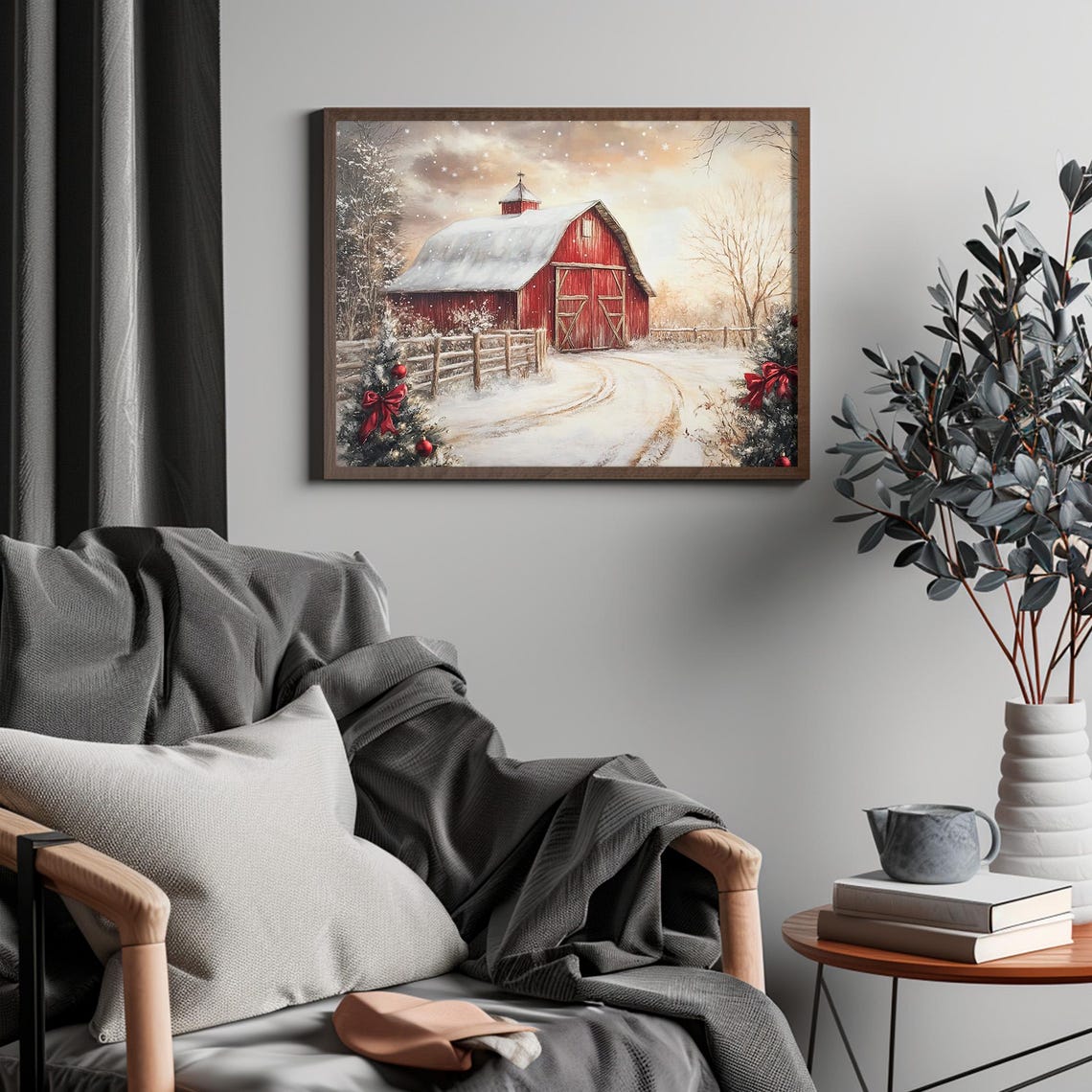 Red Barn Snowy Christmas Trees Red Bows Farmhouse Winter Art Print - Image 6