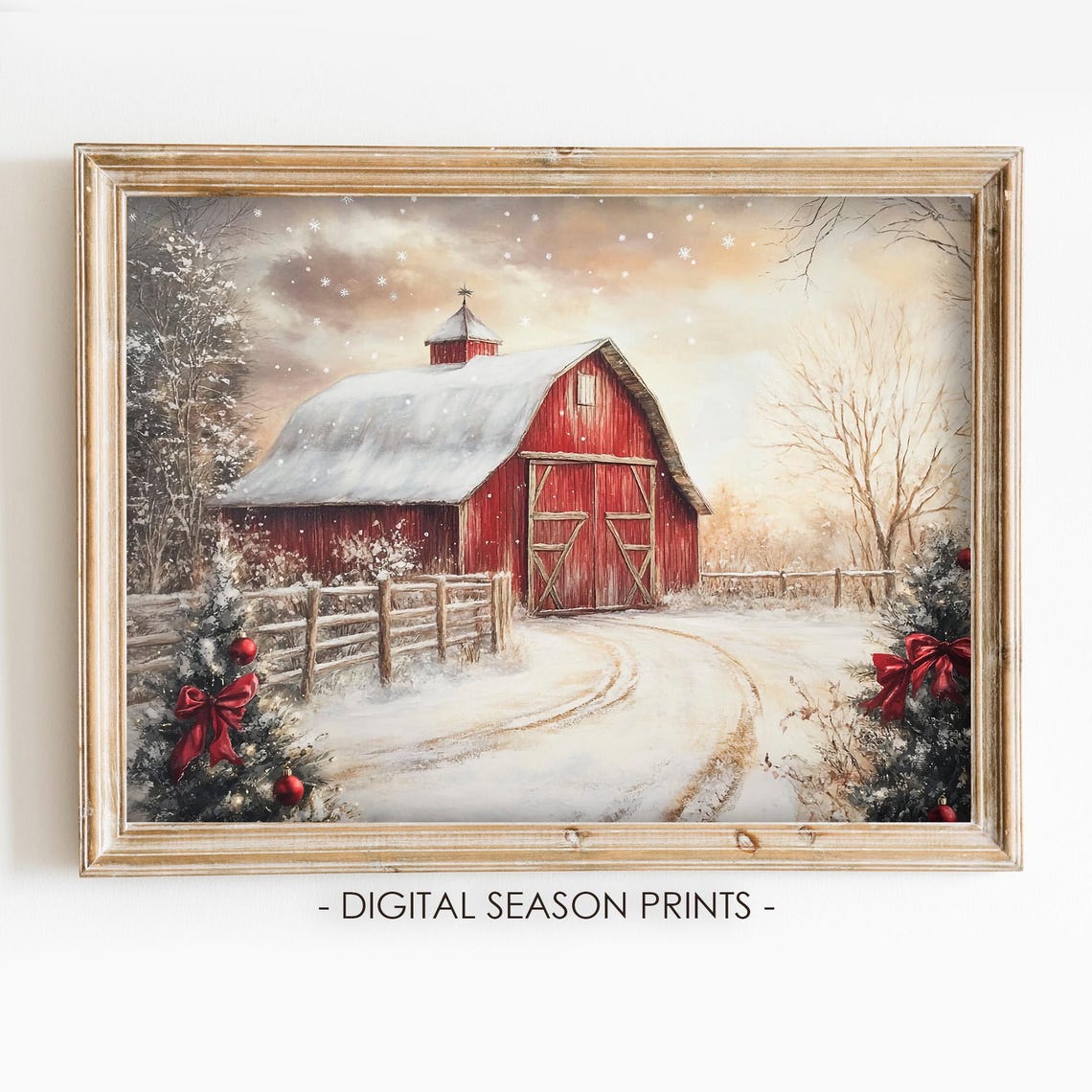 Red Barn Snowy Christmas Trees Red Bows Farmhouse Winter Art Print