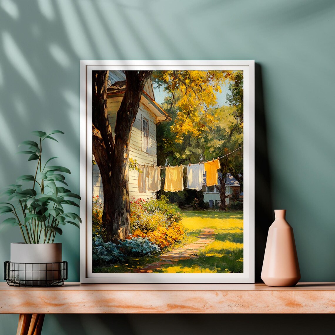 Sunlit White Farmhouse Clothesline in a Golden Summer Garden Print - Image 4
