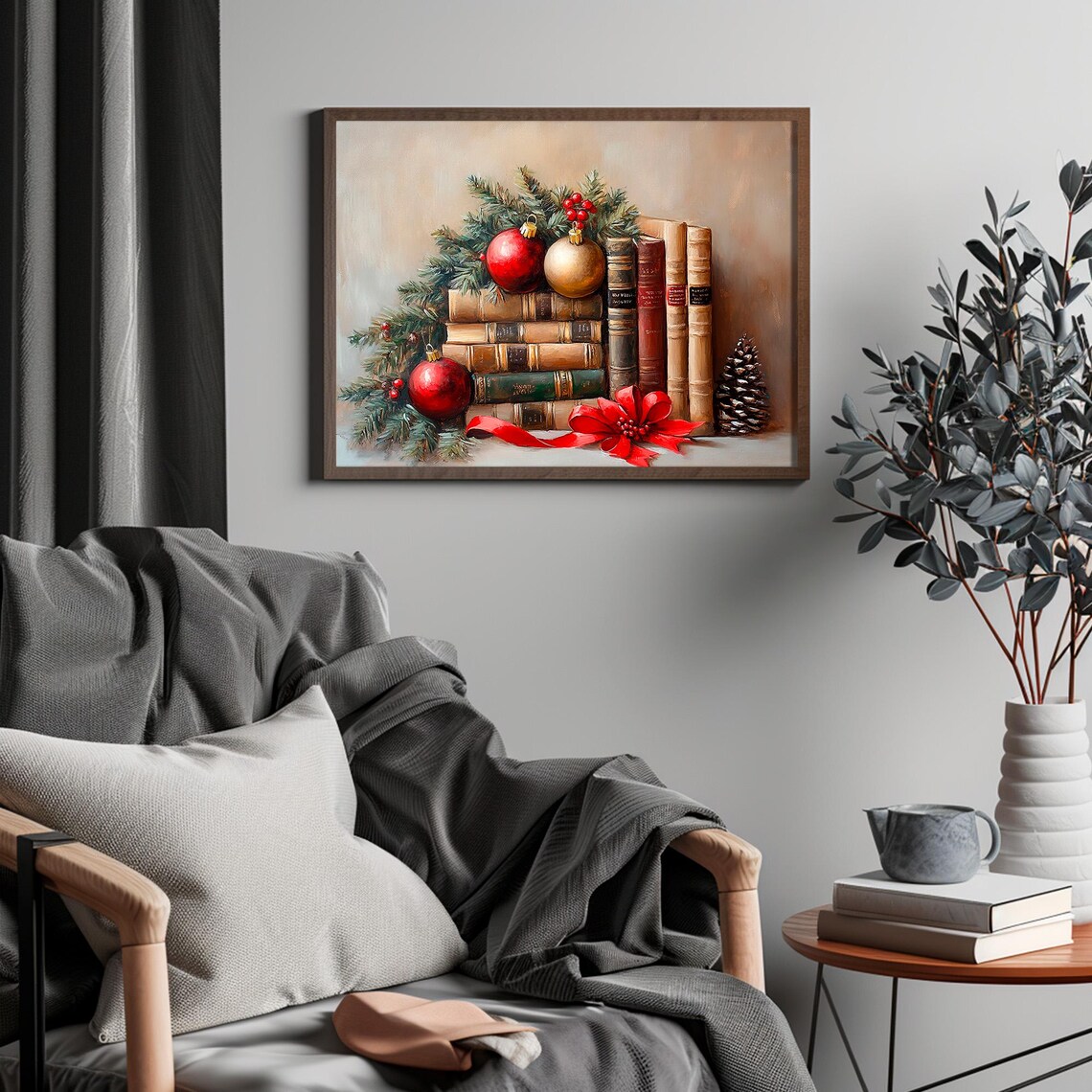 Christmas Books with Vintage Ornaments Red Ribbon Holiday Poster - Image 4