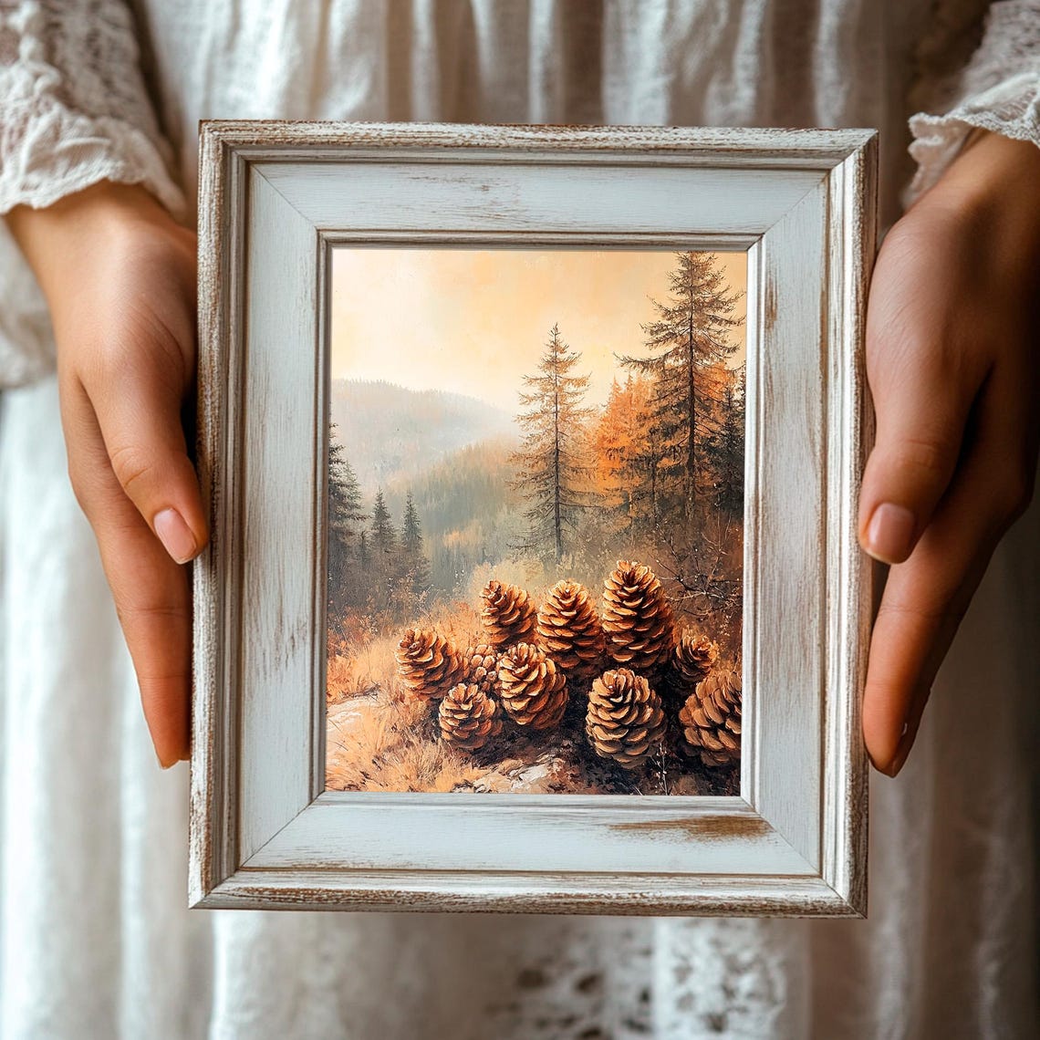 Pinecones Before a Golden Mountain Forest Vintage Autumn Art Poster - Image 3