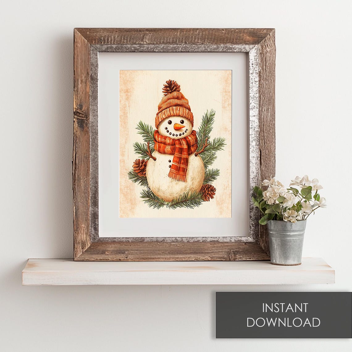 Snowman in a Knit Hat and Plaid Scarf with Pinecones Winter Poster - Image 6