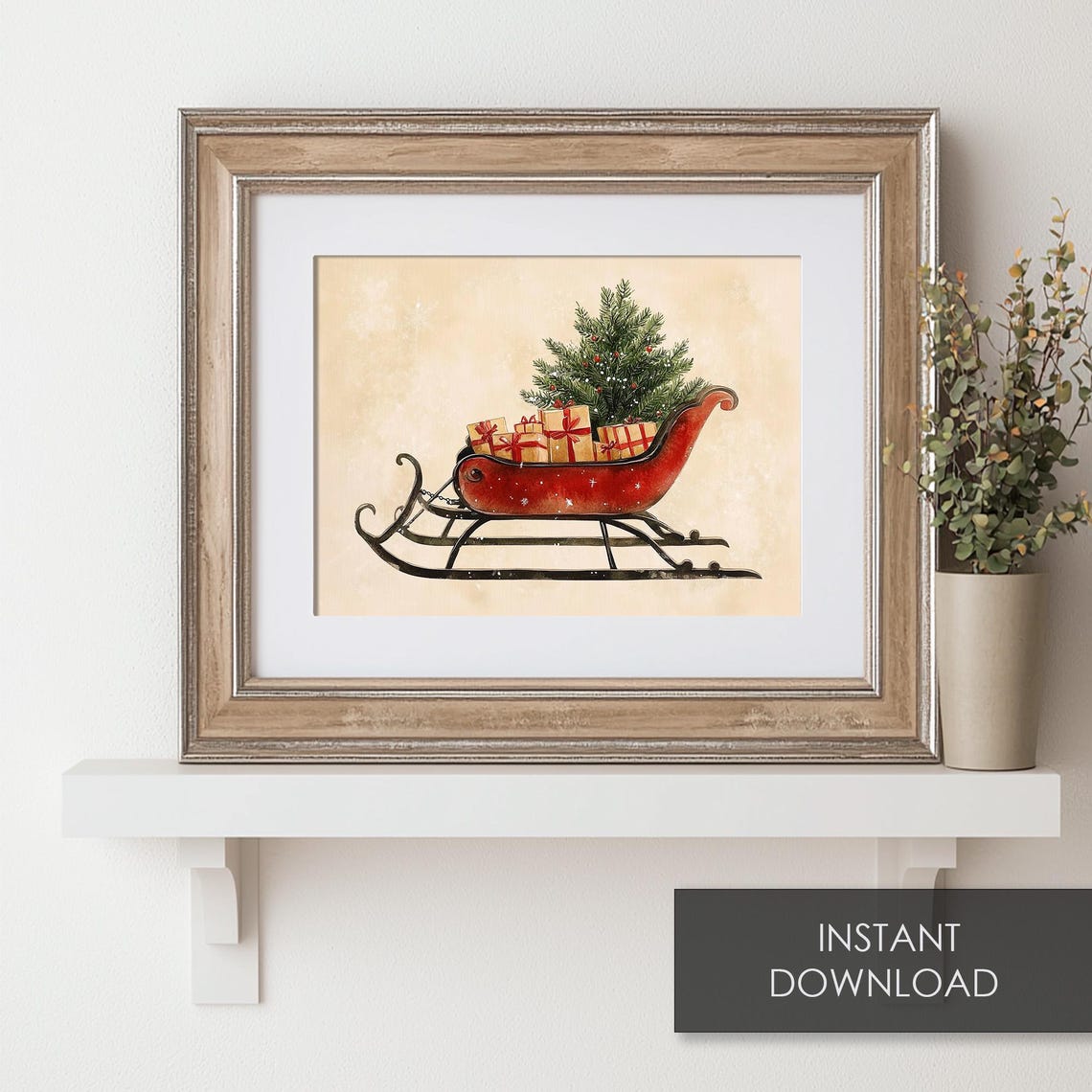 Vintage Red Christmas Sleigh with Gifts and Tree Holiday Print - Image 6