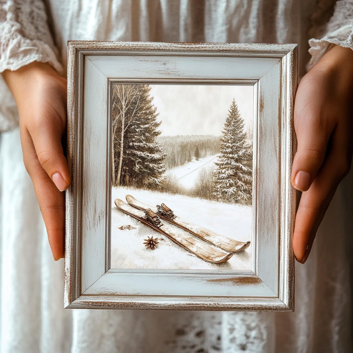 Old Wooden Skis Snowy Hill Pines Vintage Winter Scene Poster - Image 3