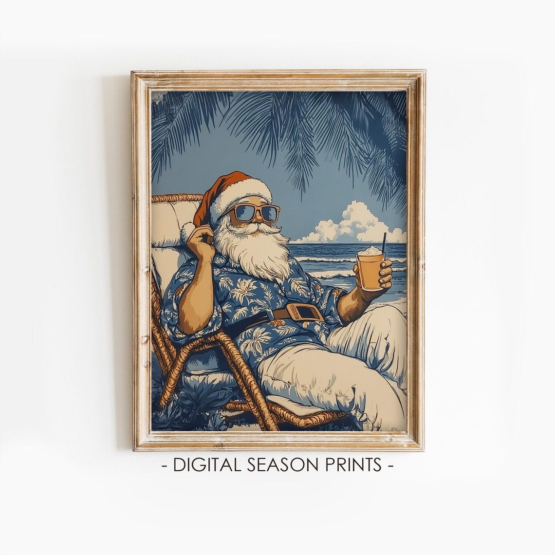 Santa in Hawaiian Shirt Beach Chair Retro Tropical Christmas Poster