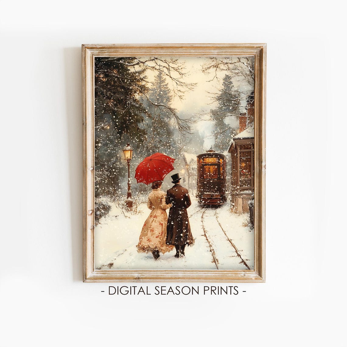 Victorian Couple Red Umbrella Snowy Street Tram Winter Evening Poster