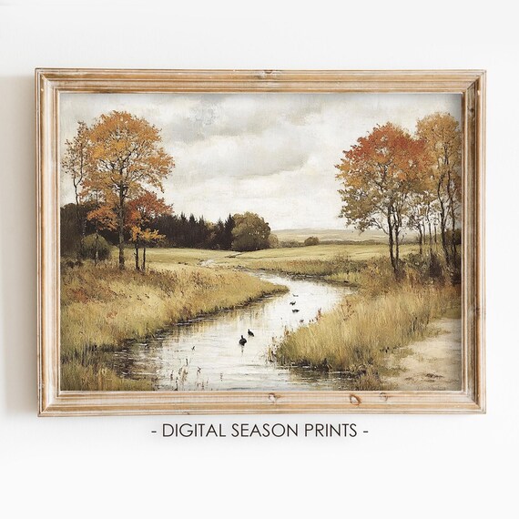Autumn River Landscape With Ducks Moody Fall Countryside Poster