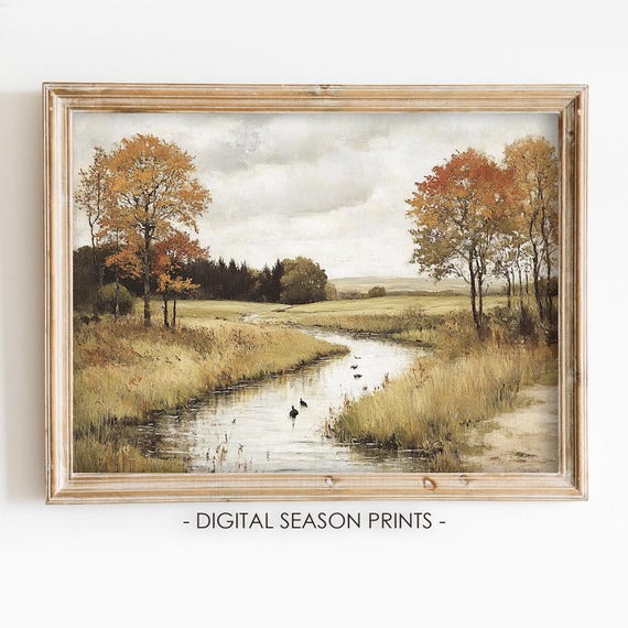Rustic Fall River Landscape Print Art Print Moody Autumn Oil Painting Wall Art
