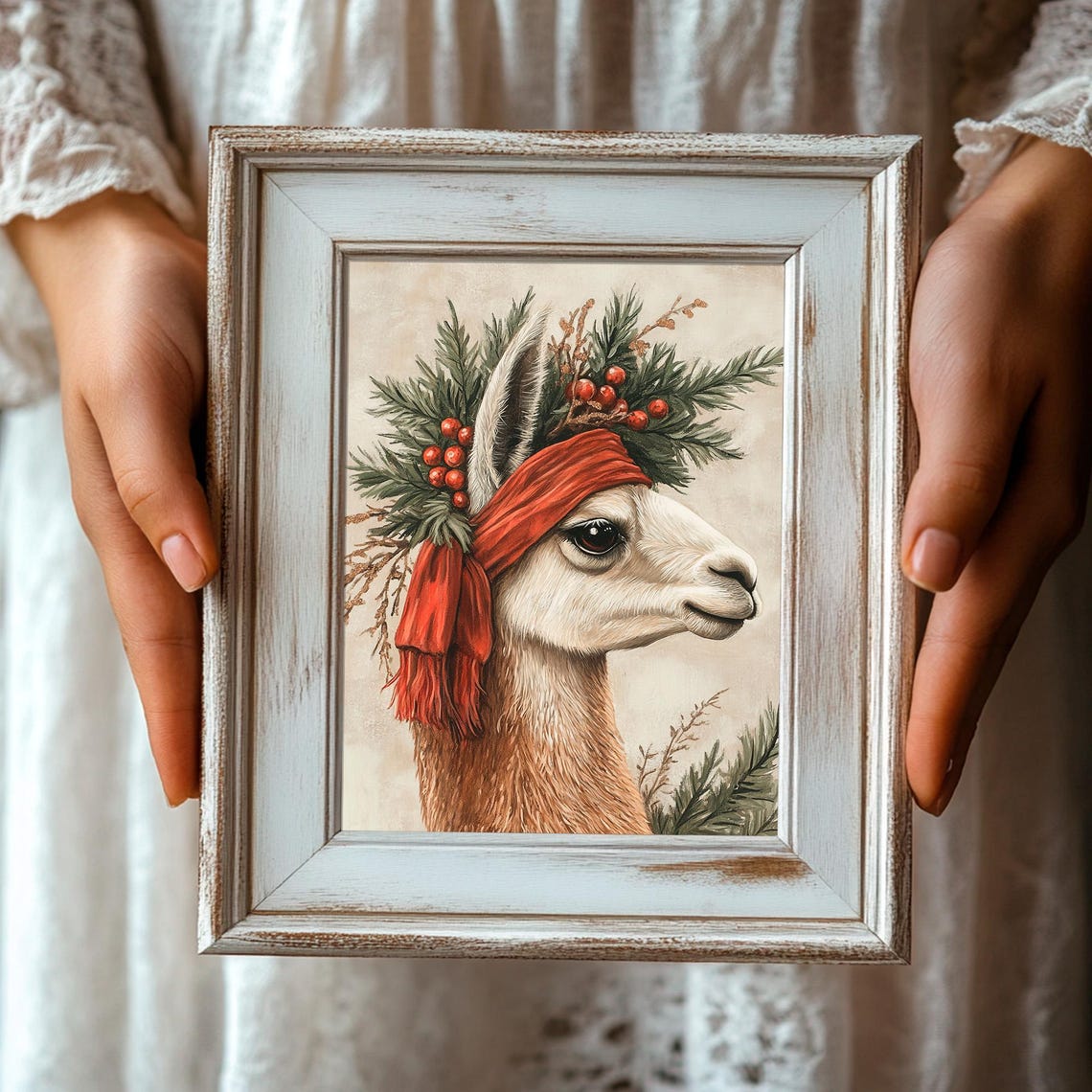 Christmas Llama Wearing A Pine Wreath Berries And Red Scarf Poster - Image 3