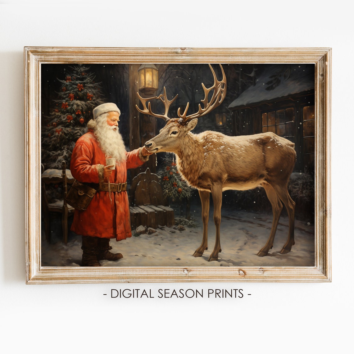 Santa Claus Feeding A Reindeer On A Snowy Night Scene Poster