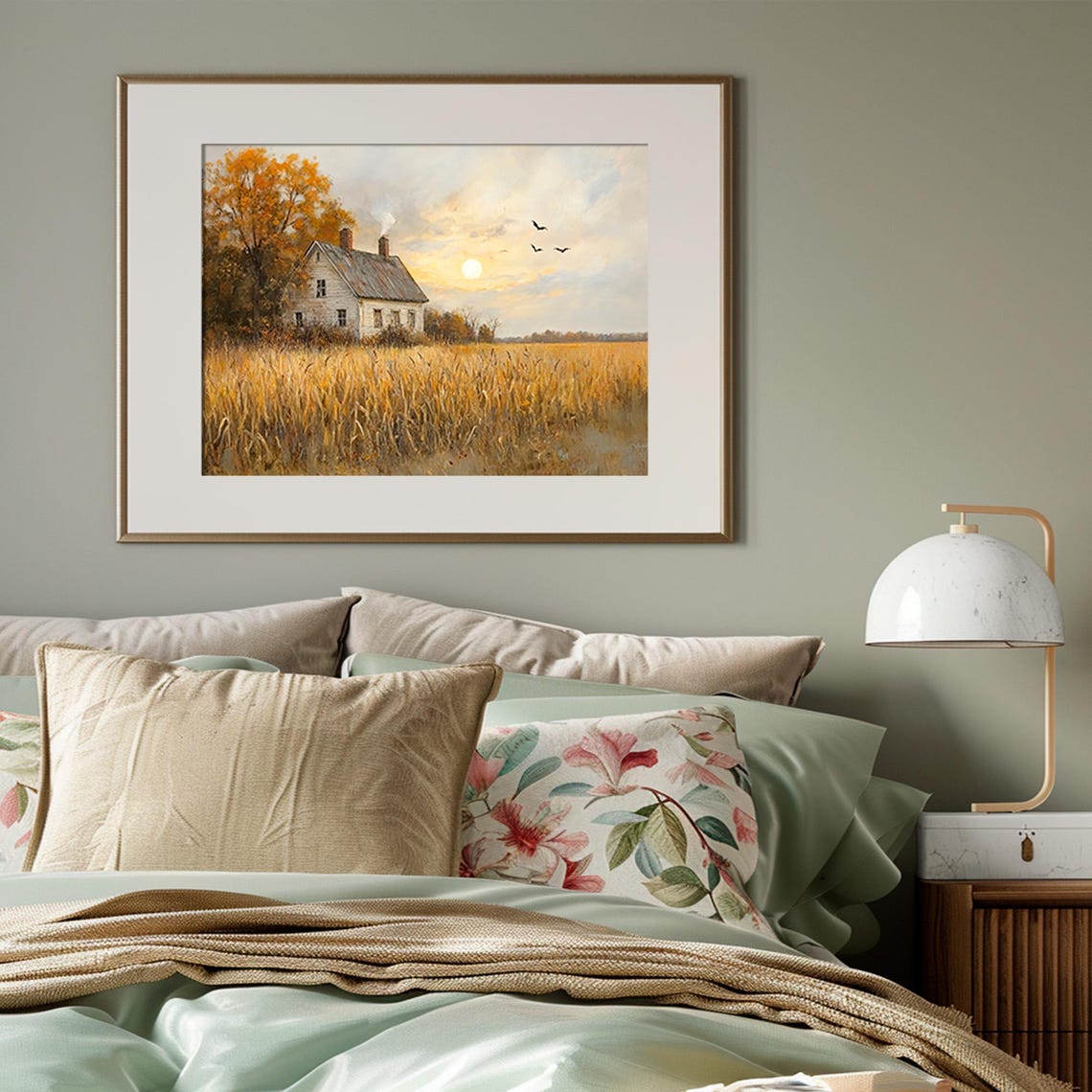 Country Farmhouse In A Golden Wheat Field At Sunset Painting Poster - Image 3