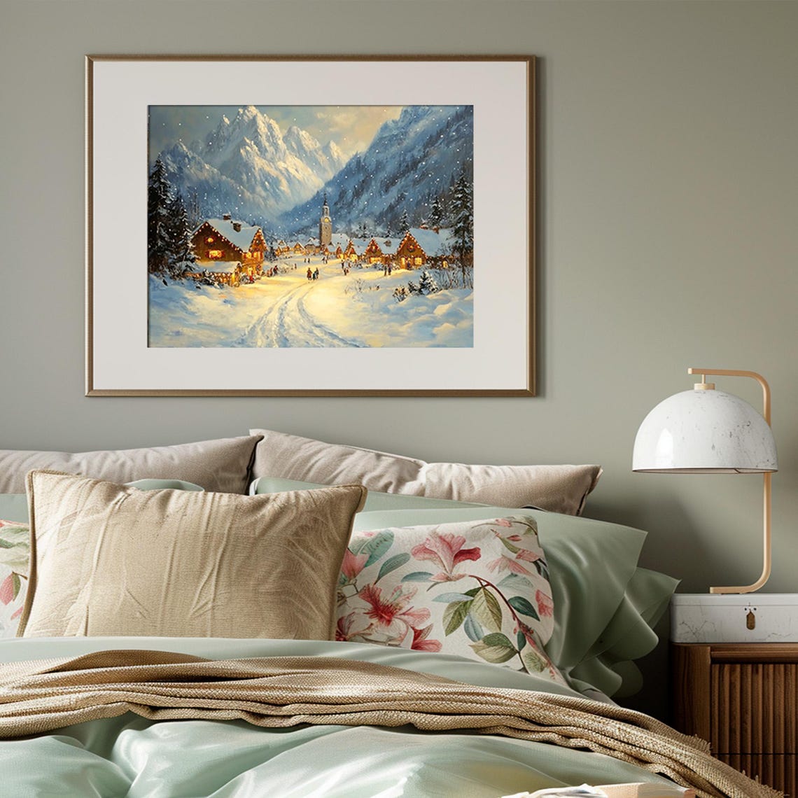 Snowy Alpine Village Night Glowing Windows Winter Night Poster - Image 3