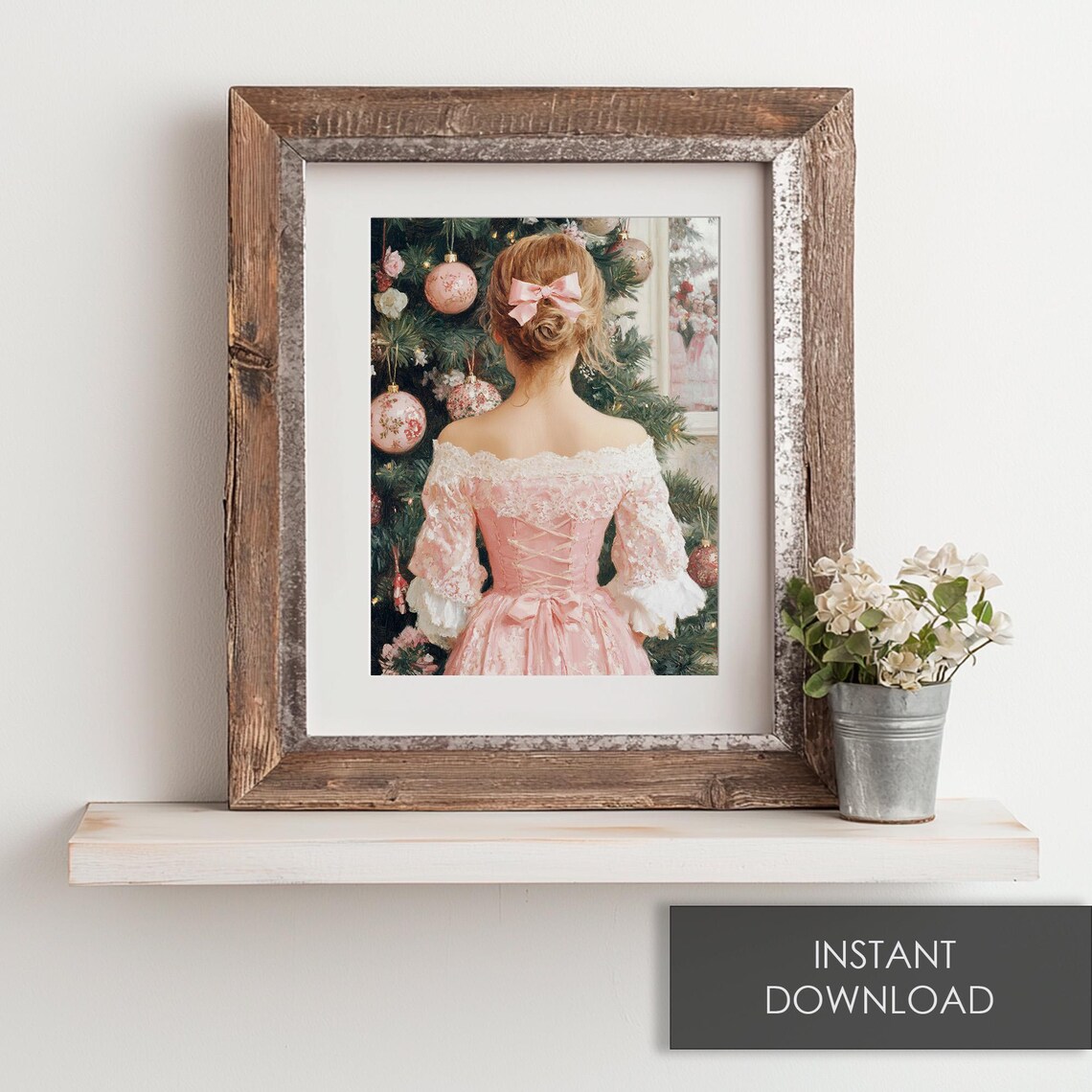Victorian Lady In Pink Lace Gown Before Christmas Tree Holiday Poster - Image 6