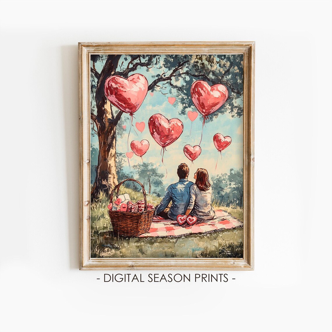 Romantic Couple Picnic Heart Balloons Valentine Day Painting Poster