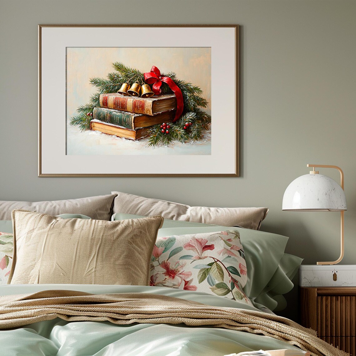 Christmas Books with Jingle Bells Red Ribbon Vintage Holiday Poster - Image 3