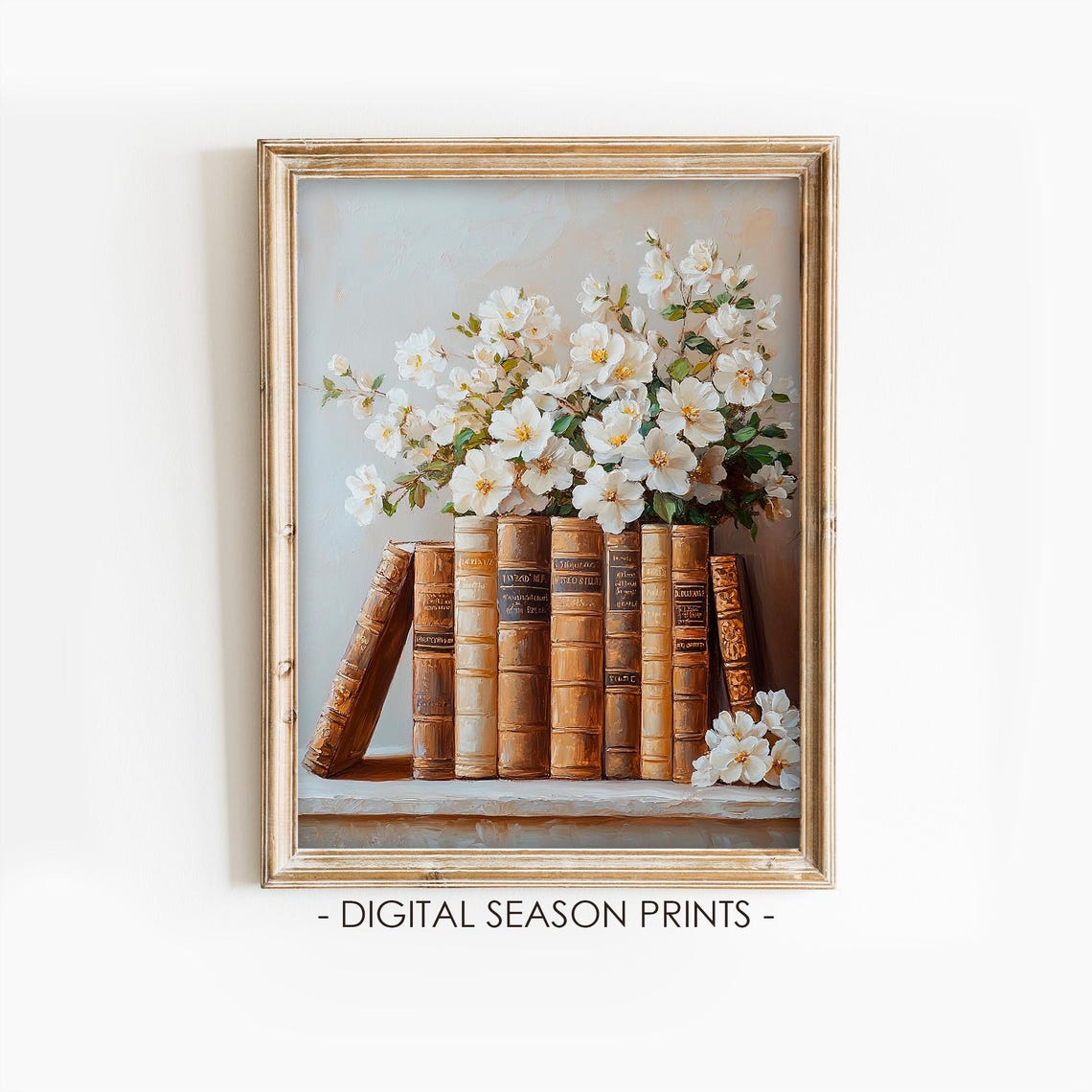 Vintage Books with White Blossoms Spring Floral Bookshelf Art Poster