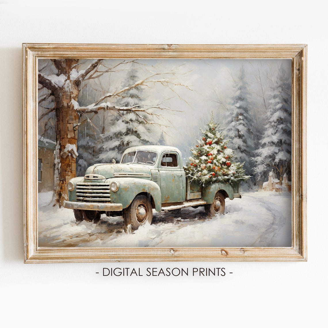 Vintage Pickup Truck Hauling Christmas Tree Snowy Winter Road Poster