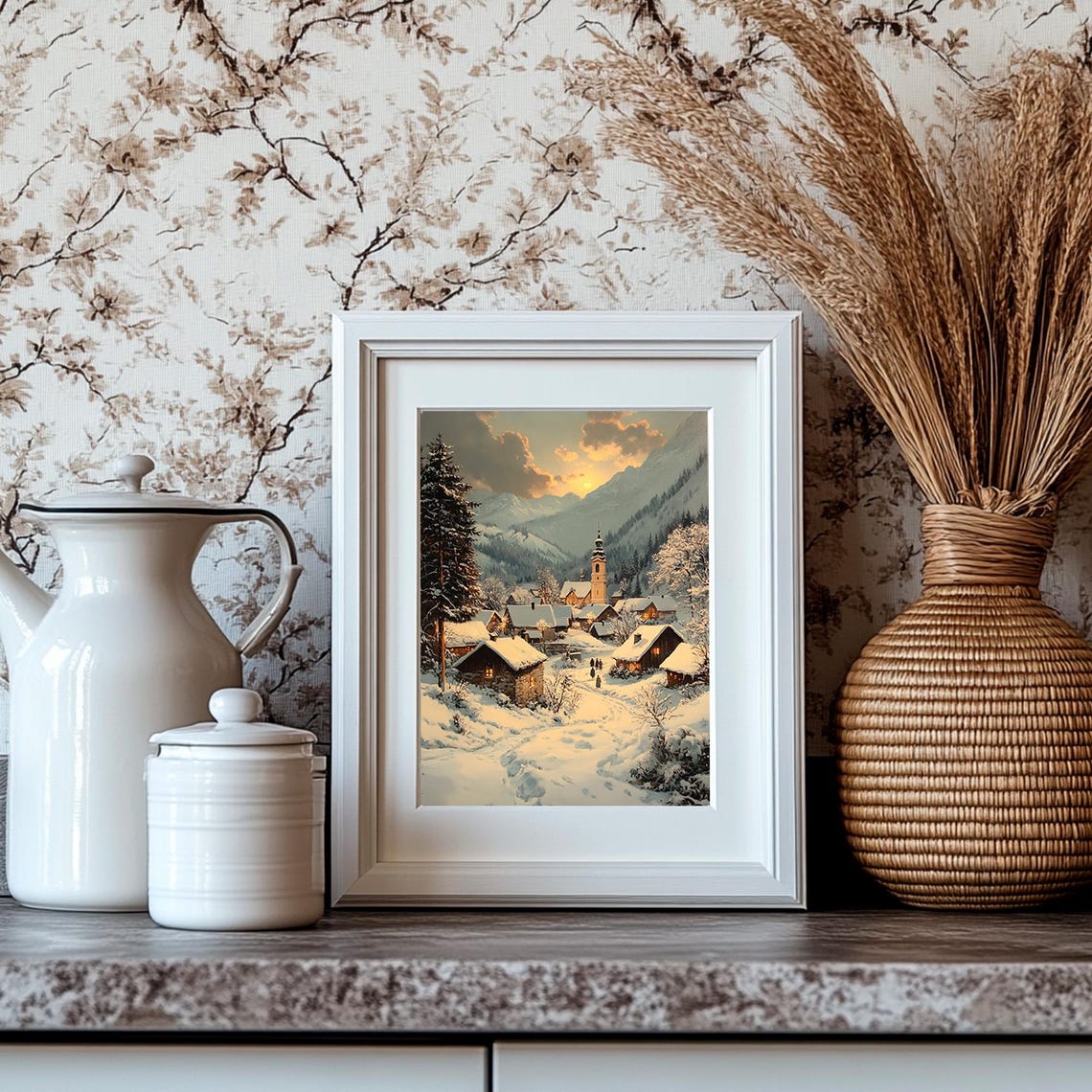 Silent Night Snowy Alpine Village Church Winter Evening Poster - Image 4