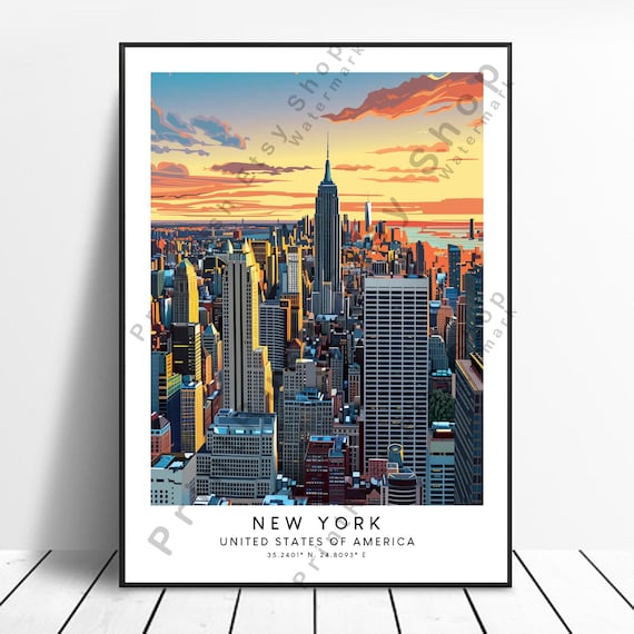 New York City Manhattan Skyline Sunset Empire State Building Poster