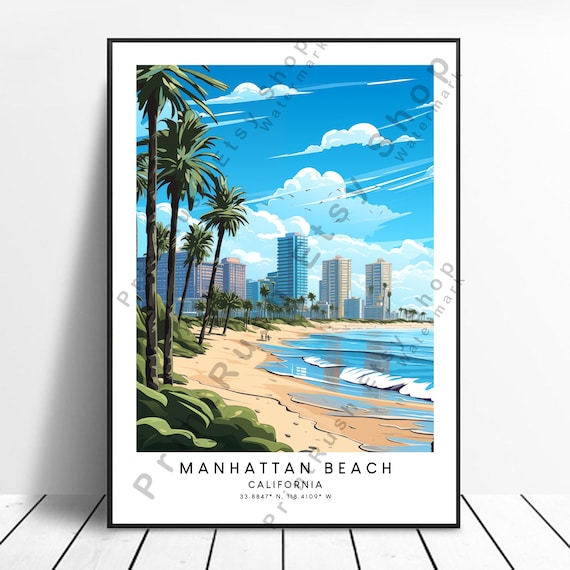 Manhattan Beach California Palm Lined Sandy Ocean Skyline Poster