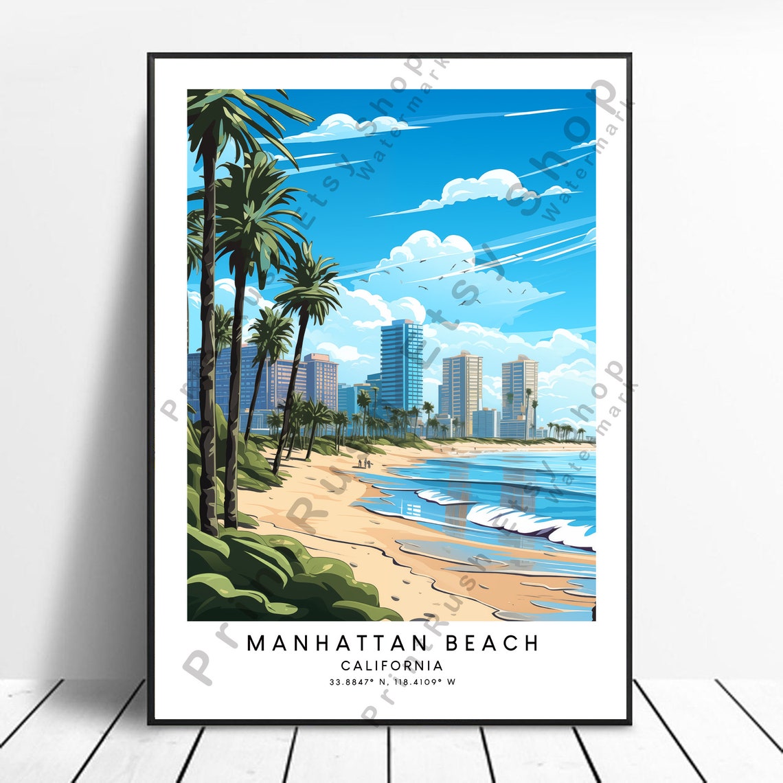 Manhattan Beach California Palm Lined Sandy Ocean Skyline Poster