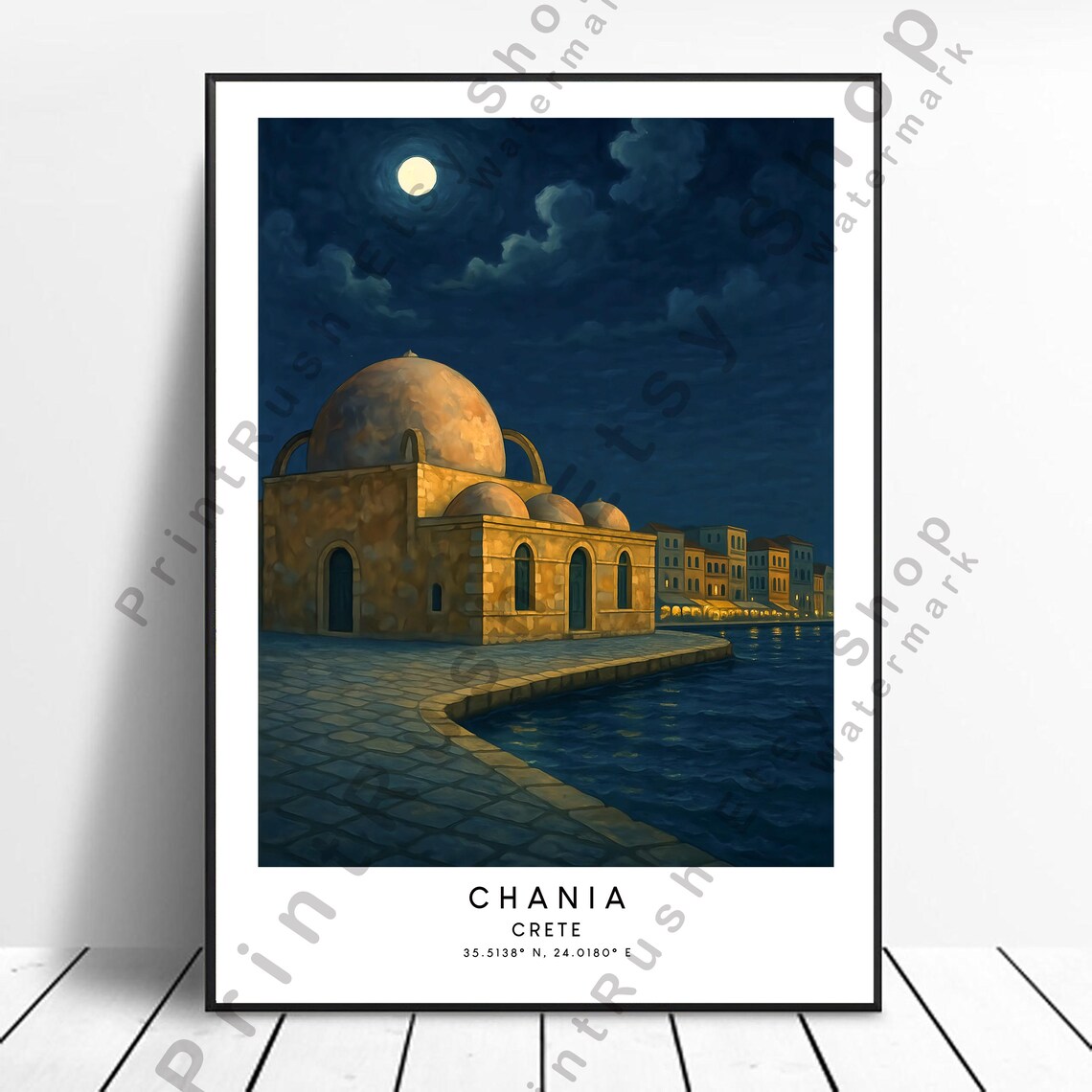 Chania Crete Moonlit Harbor Mosque Waterfront Greece Night Travel Poster