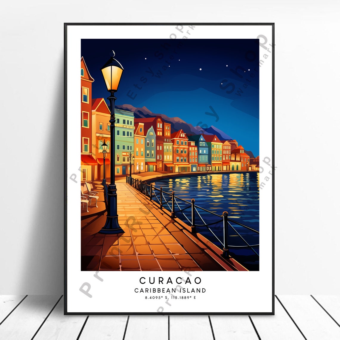 Curacao Caribbean Island Night Harbor Colonial Waterfront Poster
