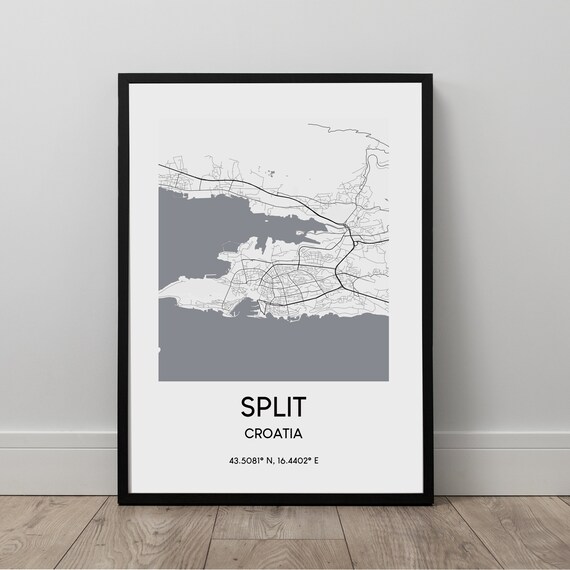 Split Map Print City Wall Art Poster Croatia Travel Black And White Coordinates Minimalist Dcor Gift