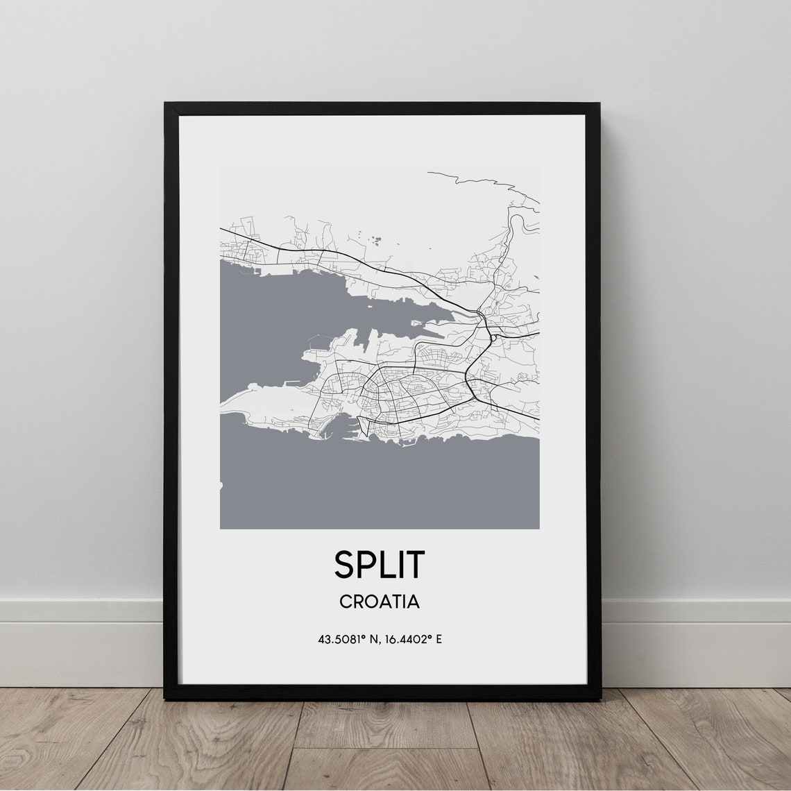 Split Croatia City Map Poster Black and White Minimalist Coastal Art