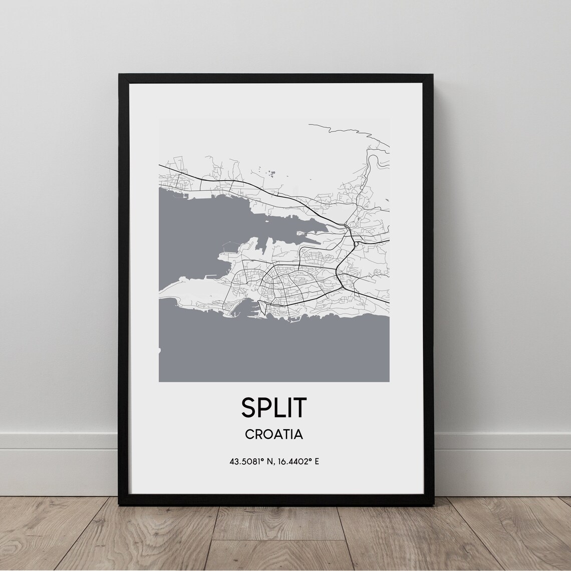 Split Map Print City Wall Art Poster Croatia Travel Black And White Coordinates Minimalist Dcor Gift