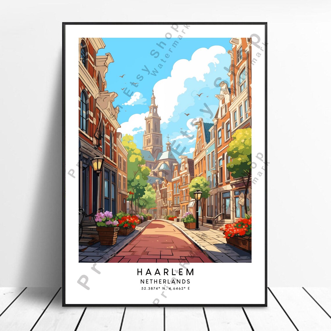 Haarlem Netherlands Vintage Dutch Flower Street Travel Art Poster