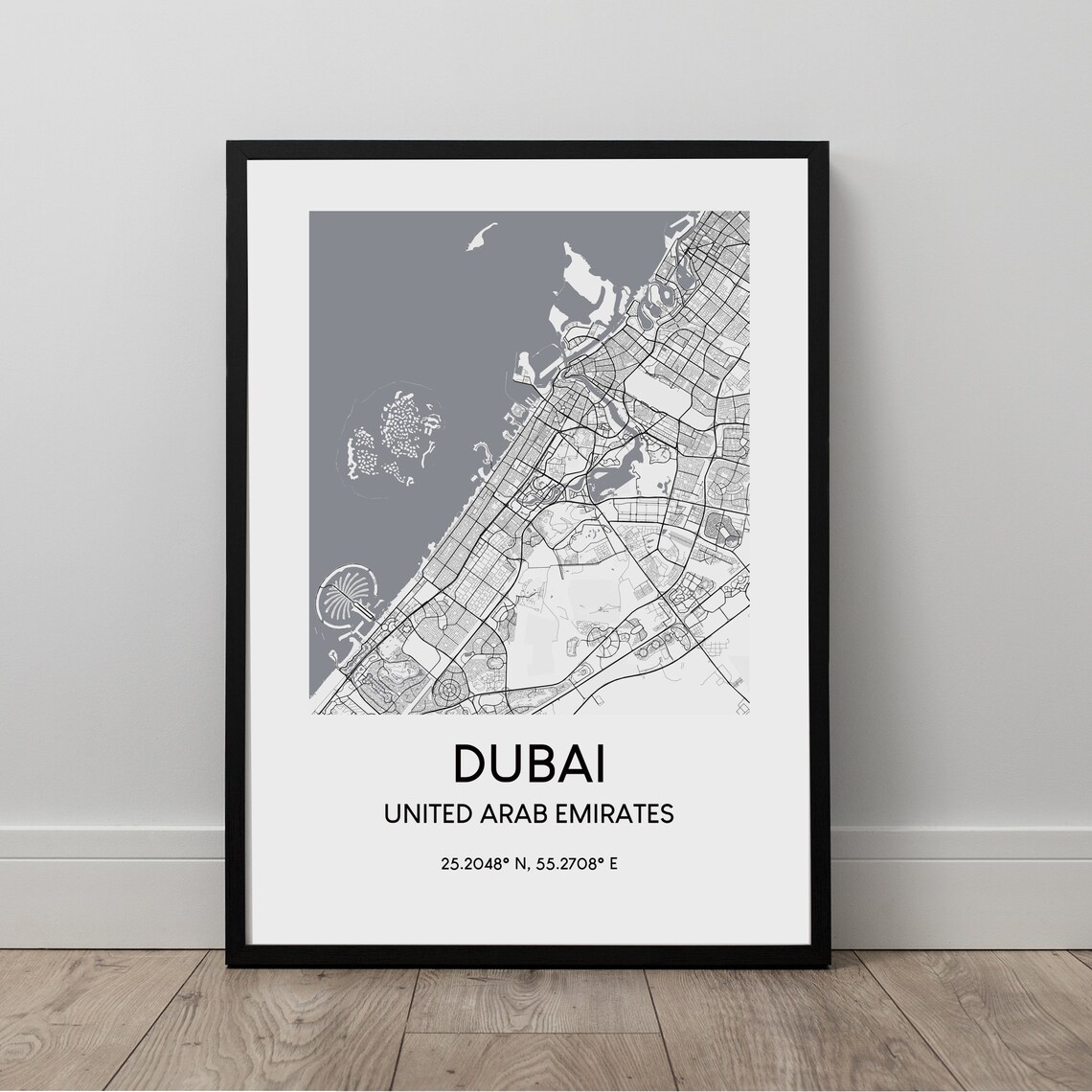 Dubai Map Print Black And White Poster United Arab Emirates Travel Coordinates Minimalist Wall Art Dcor Gift