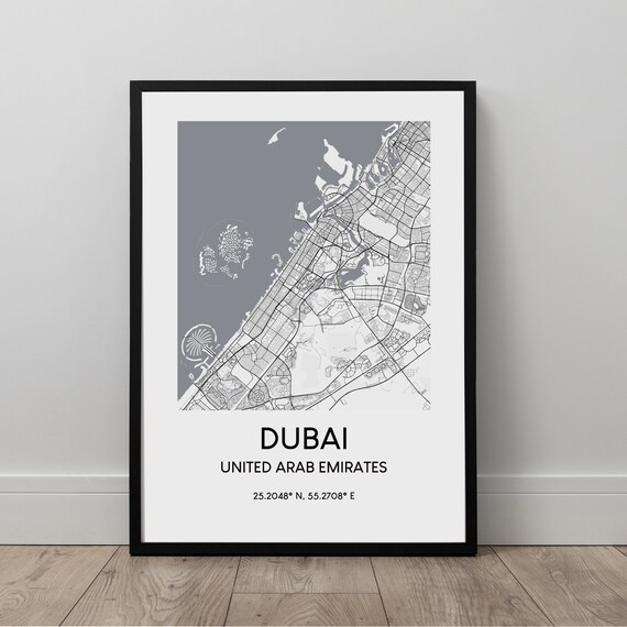 Dubai Map Print Black And White Poster United Arab Emirates Travel Coordinates Minimalist Wall Art Dcor Gift