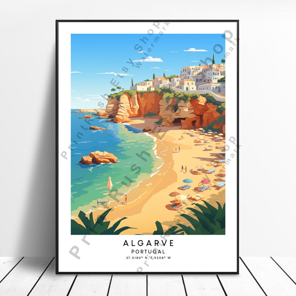 Algarve Portugal Beach Cliffs White Village Retro Travel Poster