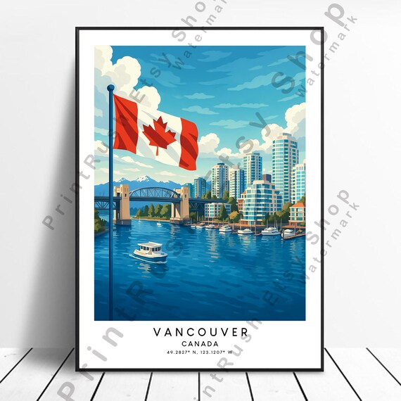 Vancouver Canada Harbor Flag Bridge Skyline Retro Travel Poster